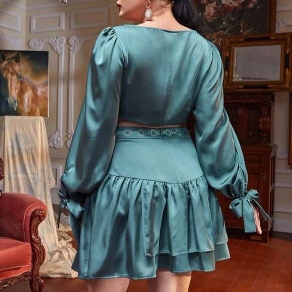 Mirhosseyni Plus Flower Embroidered Two Piece Outfit Satin Blue Green 3xl - Picture 2 of 6